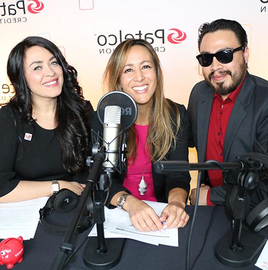 Patelco Employees Jennifer Mink, Richard Rantz, and Michele Enriquez at the podcast desk.